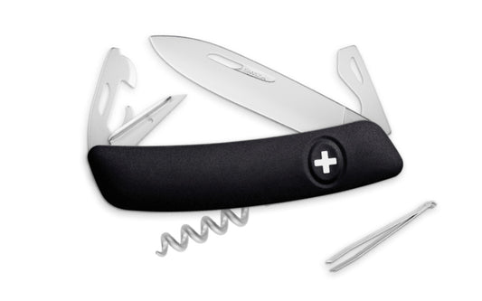 Swiza D03 Black Swiss Multi-Tool Knife. 3-3/4" closed length. Includes 75 mm blade, blade lock, reamer/punch, sewing awl, bottle opener, #3 slotted screwdriver, #1 slotted screwdriver, can opener, wire bender, cork screw, #1 phillips screwdriver, tweezers