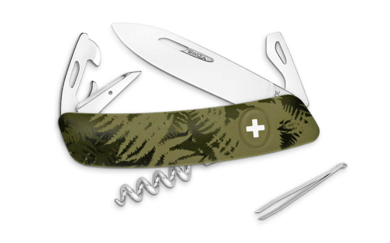 Swiza D03 Fern Green Swiss Multi-Tool Knife. 3-3/4" closed length. Includes 75 mm blade, blade lock, reamer/punch, sewing awl, bottle opener, #3 slotted screwdriver, #1 slotted screwdriver, can opener, wire bender, cork screw, #1 phillips screwdriver, tweezers.