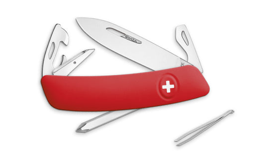 Swiza D04 Red Swiss Multi-Tool Knife. 3-3/4" closed length. Includes 75 mm blade, blade lock, reamer/punch, sewing awl, bottle opener, #3 slotted screwdriver, #1 slotted screwdriver, #1 phillips screwdriver, wire bender, can opener, tweezers. Swiss Army Style Knife. Made in Switzerland.
