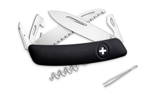 Swiza D05 Black Swiss Multi-Tool Knife. 3-3/4" closed length. Includes 75 mm blade, blade lock, saw blade, reamer/punch, sewing awl, bottle opener, #3 slotted screwdriver, #1 slotted screwdriver, corkscrew, wire bender, can opener, tweezers. Swiss Army Style Knife. Made in Switzerland.