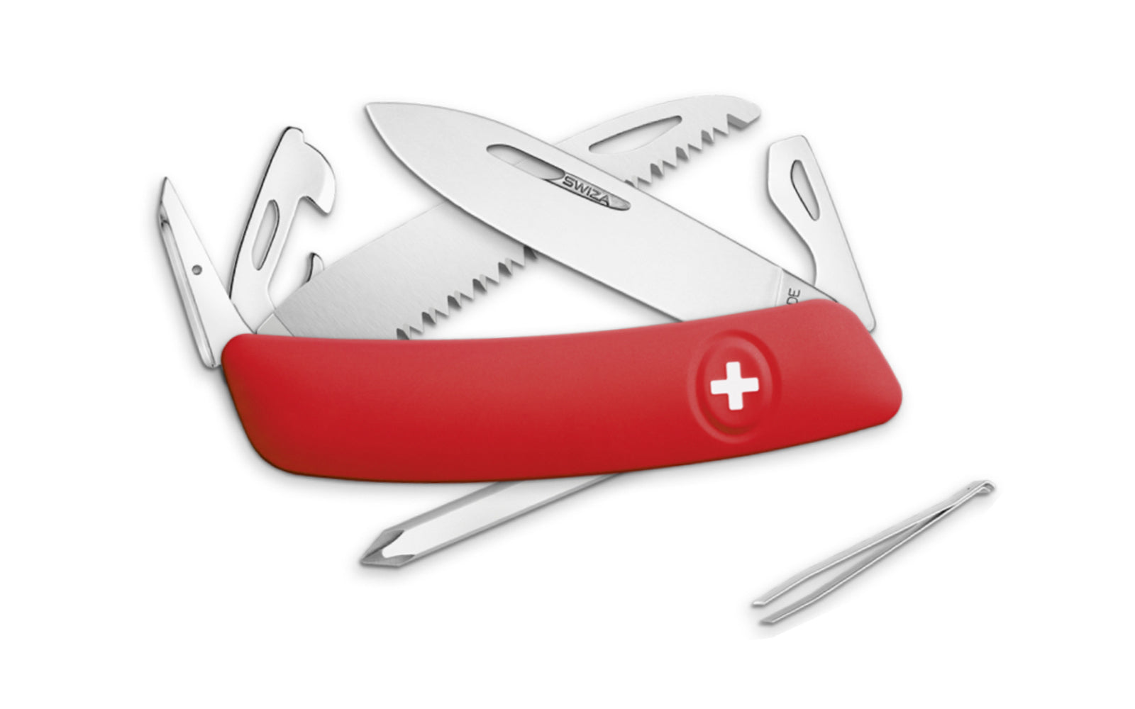 Swiza D06 Red Swiss Multi-Tool Knife. 3-3/4" closed length. Includes 75 mm blade, saw blade, blade lock, reamer/punch, sewing awl, bottle opener, #3 slotted screwdriver, #1 slotted screwdriver, #1 phillips screwdriver, wire bender, can opener, tweezers. Swiss Army Style Knife. Made in Switzerland.
