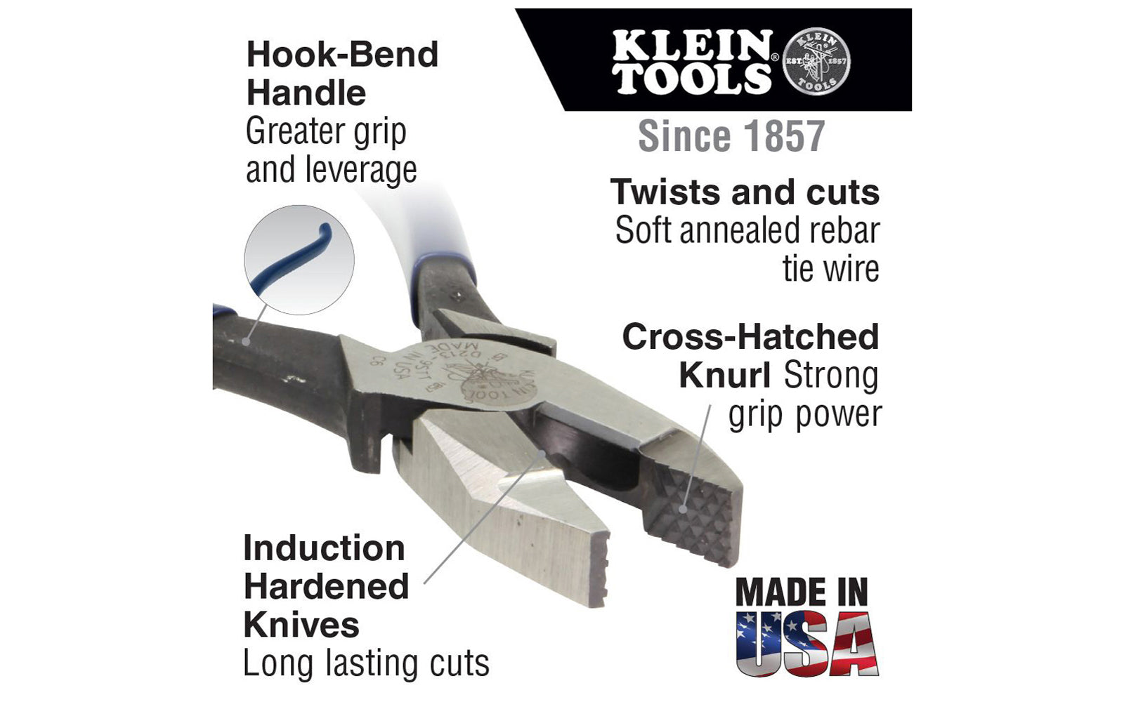 Klein Tools 9" Ironworker's Pliers D201-7CST twist & cut soft annealed rebar tie wire. They feature knurled jaws for a good grip & a spring-loaded design which enables self-opening. Unique handle tempering helps absorb the ''snap'' when cutting wire. Precision-hardened plier head. 9" overall length. 092644703027