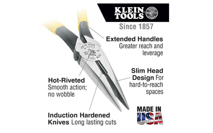 The Klein Tools Long-Nose Side-Cutters are made of forged steel for durability. The long nose is great for grabbing & looping wire. Cutting knives are induction hardened for long life. Knurled jaws provide sure wrapping & looping. Model D203-6.   Made in USA.