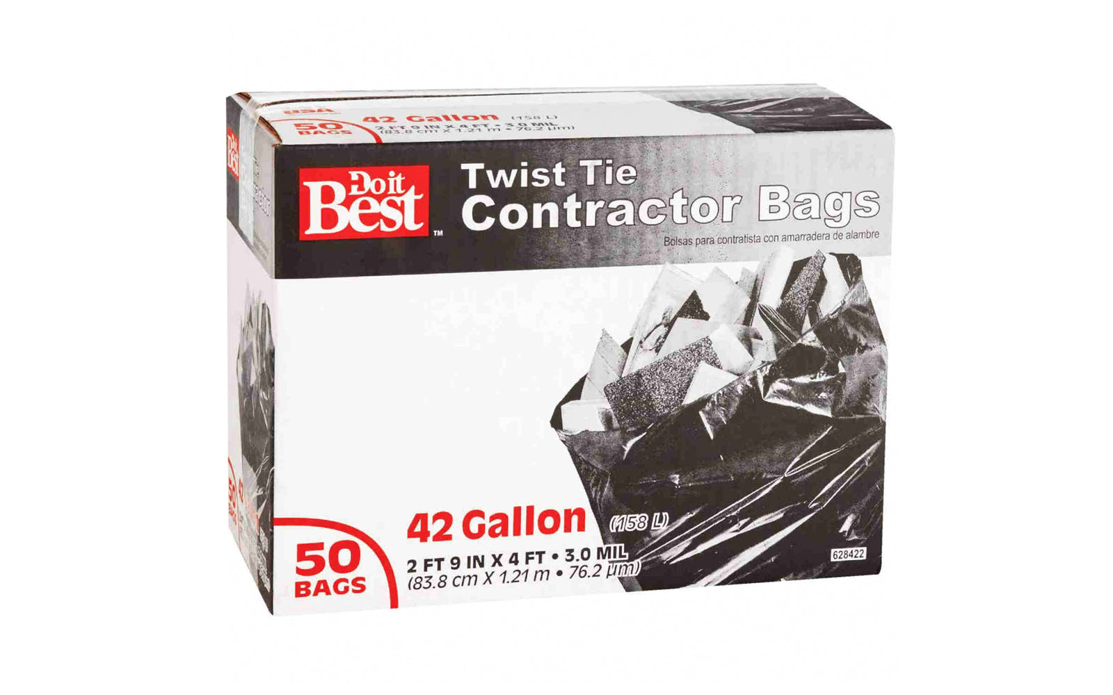 42 Gallon Twist Tie Contractor Bags. Contractor 42 Gal. bags with twist tie closure. 3.0 mil. 33" Wide x 48" High. Black color plastic trash bags. Sold as 50 bags in a box. Contractor bags made in USA. Do It Best Black Contractor Bags. 628422. 009326605913. 50 Bags