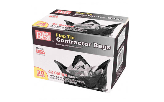 42 Gallon Flap Tie Contractor Bags. Contractor 42 Gal. bags with flap tie closure. 3.0 mil. 33" Wide x 48" High. Black color plastic trash bags. Sold as 20 bags in a box. Contractor bags made in USA. Do It Best Black Contractor Bags. 647926. 009326606491. 20 Bags
