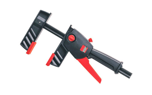 Bessey 6" DuoKlamp Clamp DUO16-8 - One handed clamp & spreader. Clamp or spread with the turn of a button, no tools necessary. 6" max opening & 3-1/4" deep throat. Jaws resist flex & withstand up to 260 lbs. of clamping force. Soft pressure caps prevent marring of wood by distributing pressure over a greater area.  091162000441