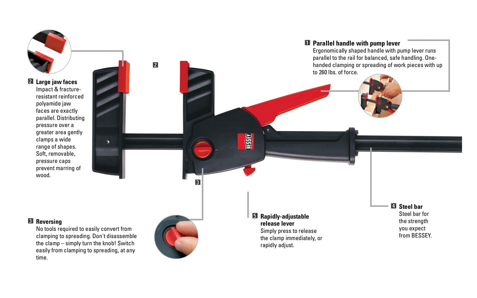 Bessey 12" DuoKlamp Clamp ~ DUO30-8 - One handed clamp & spreader. Clamp or spread with the turn of a button, no tools necessary. 12" max opening & 3-1/4" deep throat. Jaws resist flex & withstand up to 260 lb. of clamping force. Soft pressure caps prevent marring of wood by distributing pressure over a greater area.  