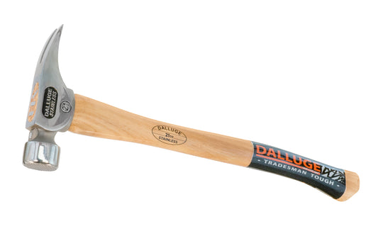 This 21 oz Dalluge Stainless Head Framing Hammer has a mill serrated face & "NaiLoc" magnetic nail holder. Mill waffle face. Straight Hickory hardwood handle. Model 2515. 18-1/2" overall length. 698250025159. Dalluge 21 oz Mill Face Stainless Hammer with Magnetic Nail Starter - 18" Curved Handle ~ 2515