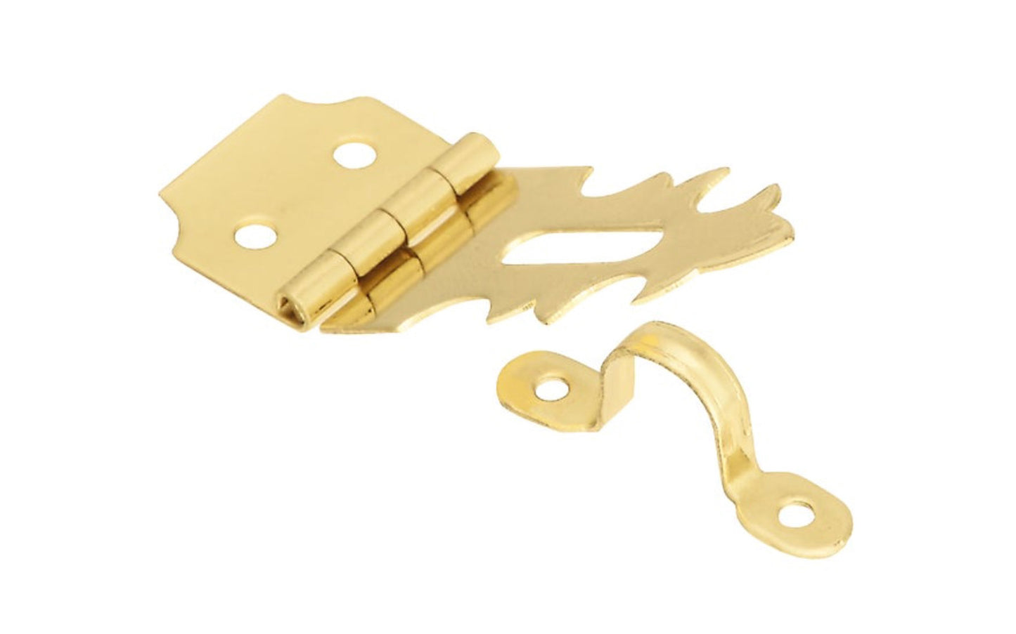 These small decorative hasps are designed to add a decorative appearance to small chests, jewelry boxes, craft projects, etc. Sold as one hasp in pack. Solid Brass. Bright Brass