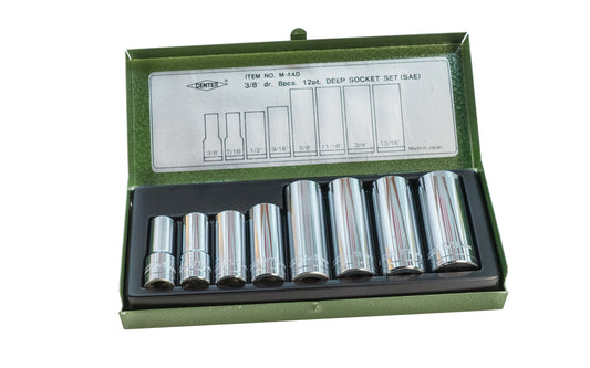 This is a 8 piece SAE Japanese Deep Socket Set - 12 point sockets - 3/8" Dr. Sizes include: 3/8", 7/16", 1/2", 9/16", 5/8", 11/16", 3/4", 13/16". Chrome Vanadium Steel. Includes metal box. 3/8" Drive. Standard Deep Socket Set. Includes metal box. 12 pt sockets. Center Brand Sockets. Model M-4AD. Made in Japan