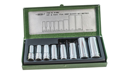 This is a 8 piece Metric Japanese Deep Socket Set - 12 point sockets - 3/8" Dr. Sizes include: 9 mm, 10 mm, 11 mm, 12 mm, 13 mm, 14 mm, 17 mm, 19 mm. Chrome Vanadium Steel. Includes metal box. 3/8" Drive. Metric Deep Socket Set. Includes metal box. 12 pt sockets. Center Brand Sockets. Model M-4MD. Made in Japan