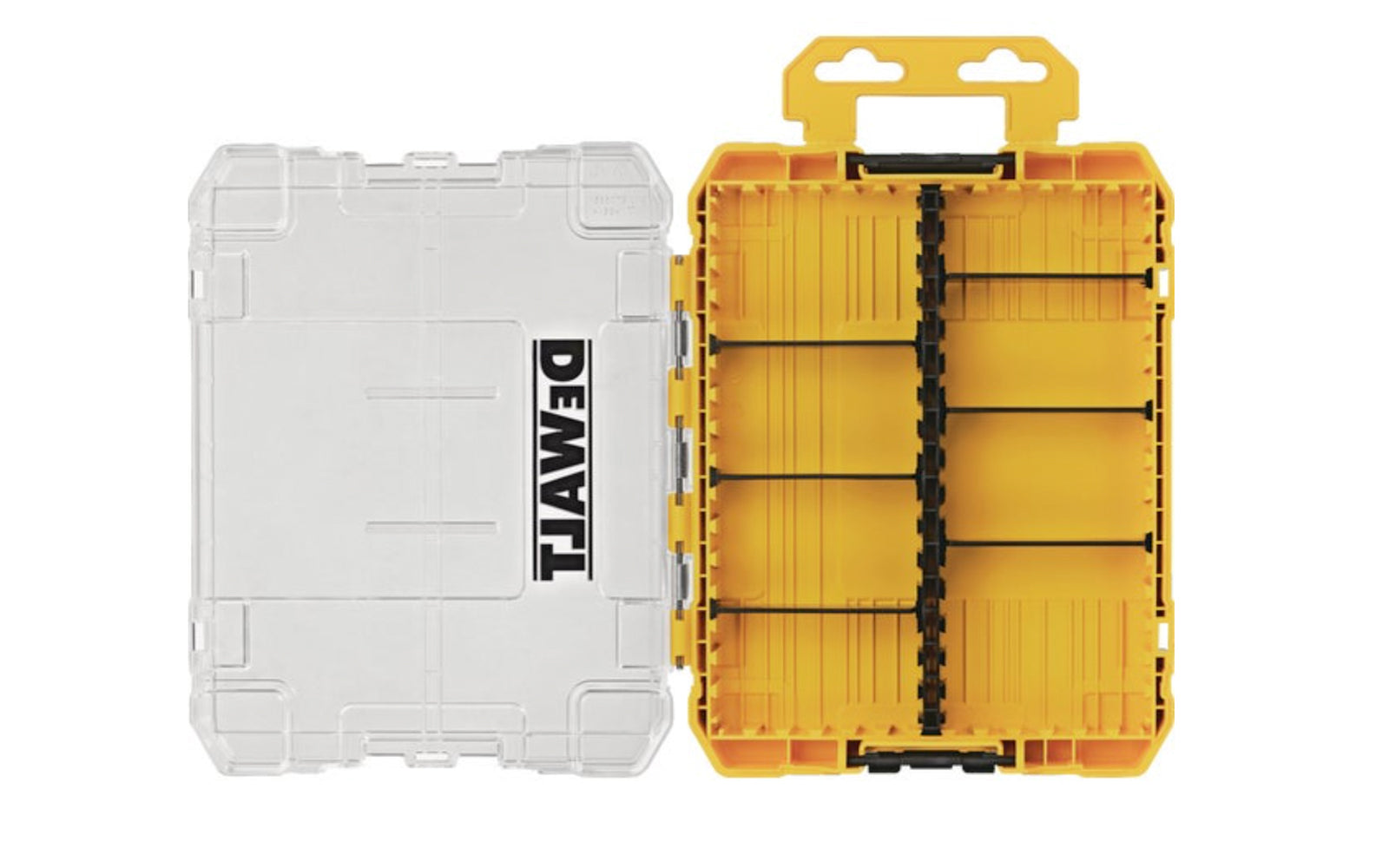 DeWalt Medium Size Tough Storage Case has sliding rubber latch. Locking interior lids keep components stored. Adjustable storage compartments to store various length and size accessories. 885911641623. DWAN2190