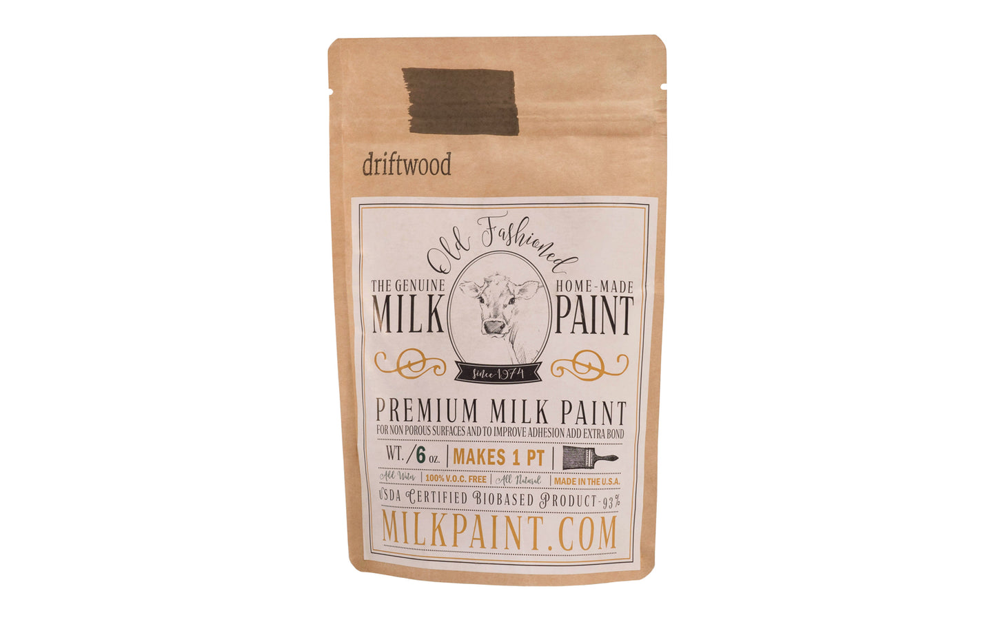 This Milk Paint color is "Driftwood" color - Dusty brown with gray undertones. Comes in a powder form, you can control how thick/thin you mix the paint. Use it as you would regular paint, thinner for a wash/stain or thicker to create texture. Environmentally safe, non-toxic & is food safe. 100% VOC free. Powder Paint