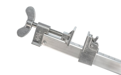 24" Aluminum Bar Clamp is strong, rigid & lightweight. Spring-action jaw easily moves for fast adjustment on notched bar, & clamp has 1/2" diameter Acme-threaded screw with wing knob. Strong extruded bar on clamp stays very straight when using under clamping pressure. Dubuque Model UC924. Miro Moose.  Made in USA. 