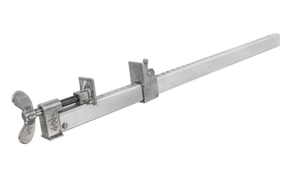 24" Aluminum Bar Clamp is strong, rigid & lightweight. Spring-action jaw easily moves for fast adjustment on notched bar, & clamp has 1/2" diameter Acme-threaded screw with wing knob. Strong extruded bar on clamp stays very straight when using under clamping pressure. Dubuque Model UC924. Miro Moose.  Made in USA. 099687009246