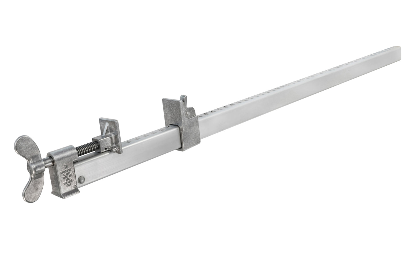 36" Aluminum Bar Clamp is strong, rigid & lightweight. Spring-action jaw easily moves for fast adjustment on notched bar, & clamp has 1/2" diameter Acme-threaded screw with wing knob. Strong extruded bar on clamp stays very straight when using under clamping pressure. Dubuque Model UC936. Miro Moose.  Made in USA. 099687009369