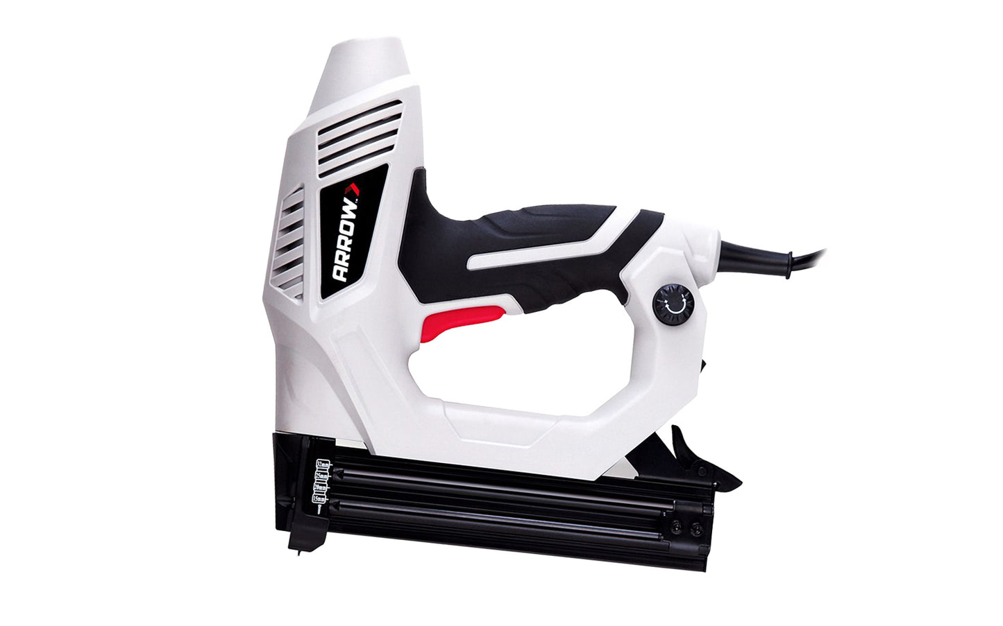 Arrow Professional Electric Nailer ~ ET200BN. Tool’s adjustable depth control knob allows the operator to set the correct amount of power, matching the size of the brad nail & the materials being nailed together. Good for general repairs, wood trim & lattice work, 6' power cord. Use Arrow 18GA Brad Nails. 079055200857