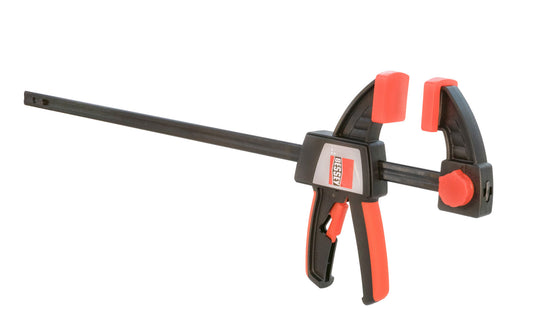 Bessey 18" One-Handed Clamp ~ EZS 45-8. 18" max opening - 3-1/2" throat depth. Intelligent release mechanism on clamp, the upper section can quickly convert from clamping to spreading without tools. Soft pads. 445 lbs. clamping force. Well balanced, ergonomic design for easy, single-handed use. 788502200233