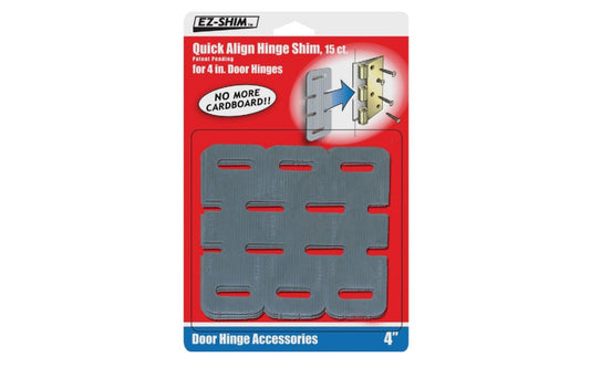 EZ-Shim 4" Plastic Hinge Shims. Use when you need to quickly align a door in the jam. There are 3 shims per leaf. Each shim can fold together for 1/16", 1/8" or 3/16" of a door adjustment. Made of high-impact plastic & will not compress.  Made in USA.