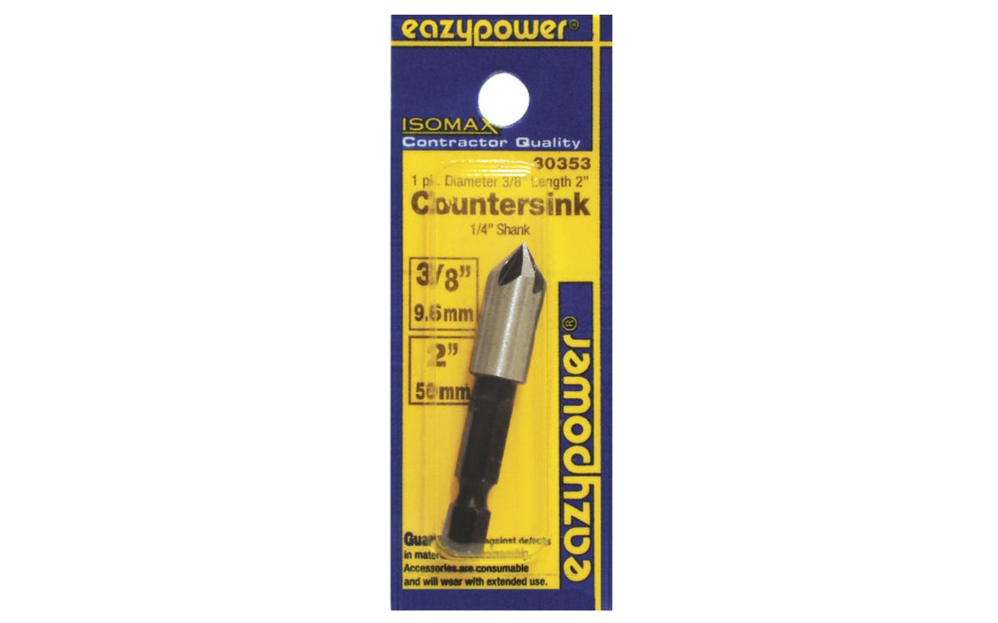 Eazypower 3/8" Countersink HSS bit with hex shank. Countersink, deburr, & chamfer holes in soft metals & wood. Five cutting flutes. 1/4" hex quickchange shank bit. 82° cutting angle head. High Speed Steel - 2" overall length of countersink bit. 083771303532. Eazypower Isomax Model 30353