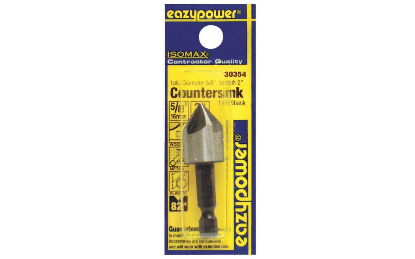 Eazypower 5/8" Countersink HSS bit with hex shank. Countersink, deburr, & chamfer holes in soft metals & wood. Five cutting flutes. 1/4" hex quickchange shank bit. 82° cutting angle head. High Speed Steel - 2" overall length of countersink bit. 083771303549. Eazypower Isomax Model 30354