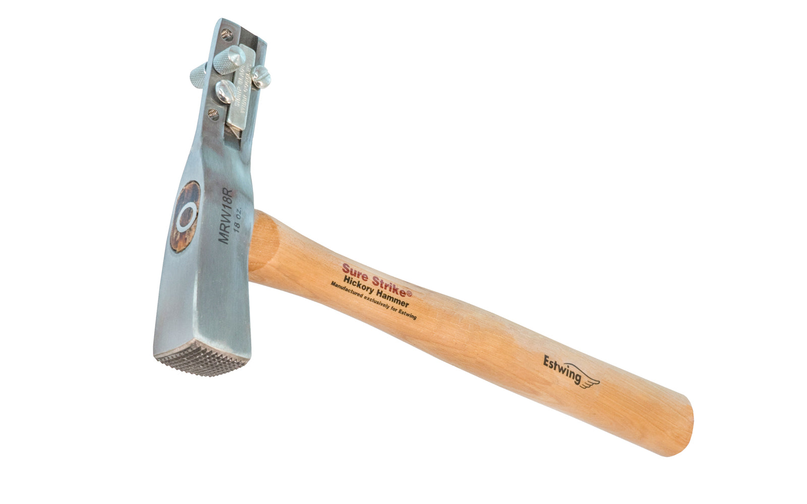 This 18 oz Estwing "Sure Strike" Shingle Hatchet is fully polished with a milled face, & back blade. Three-hole gauges on hatchet helps set overhang/exposure of shingles. Handle is 13" long & made of top quality hickory hardwood. Designed for wooden shingles or shakes. Model No. MRW18R. 034139924418