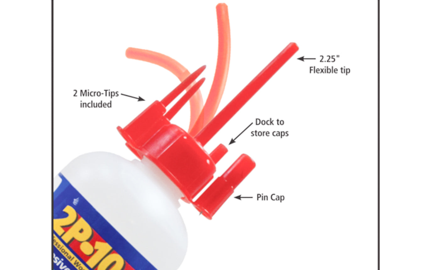 FastCap XTIP - 2P-10 replacement tips features a long flexible tip & two MicroTips for various applications. The pin-cap will help keep your 2P10 glue fresh & your tips free from clogs. Includes a long 2-1/4" tip, two micro tips, & a pin cap. For 10 oz bottles only. 663807806895 - FastCap 2P10 Glue tips