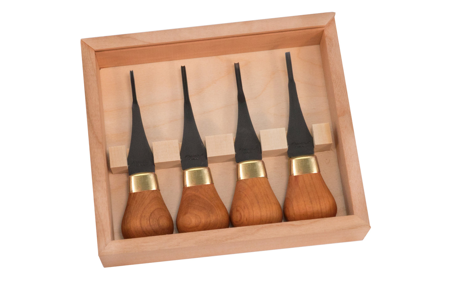 Flexcut Premium Mini Palm Carving Set FRP604 features broad, short knob handles in the European tradition. Handles are cut from fine cherry wood with a polished brass ferrule for strength & long working life. Set comes in its own cherry box with a lid. High Carbon Steel cutting edges are hand honed & polished. Made in USA ~ 651646016049