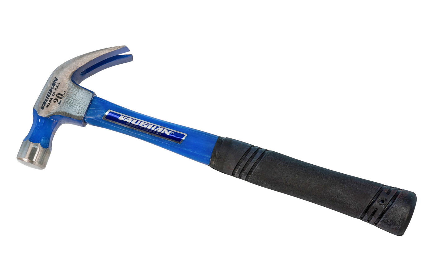 This 20 oz Vaughan FS20 smooth face claw hammer has a hollow-core fiberglass handle which provides better balance & more effective shock absorption than typical solid fiberglass handles. Non-slip cushioned PVC grip. Rust-resistant powder coat finish. Smooth face 20 oz head weight. Vaughan Mfg. Made in USA. 051218115055