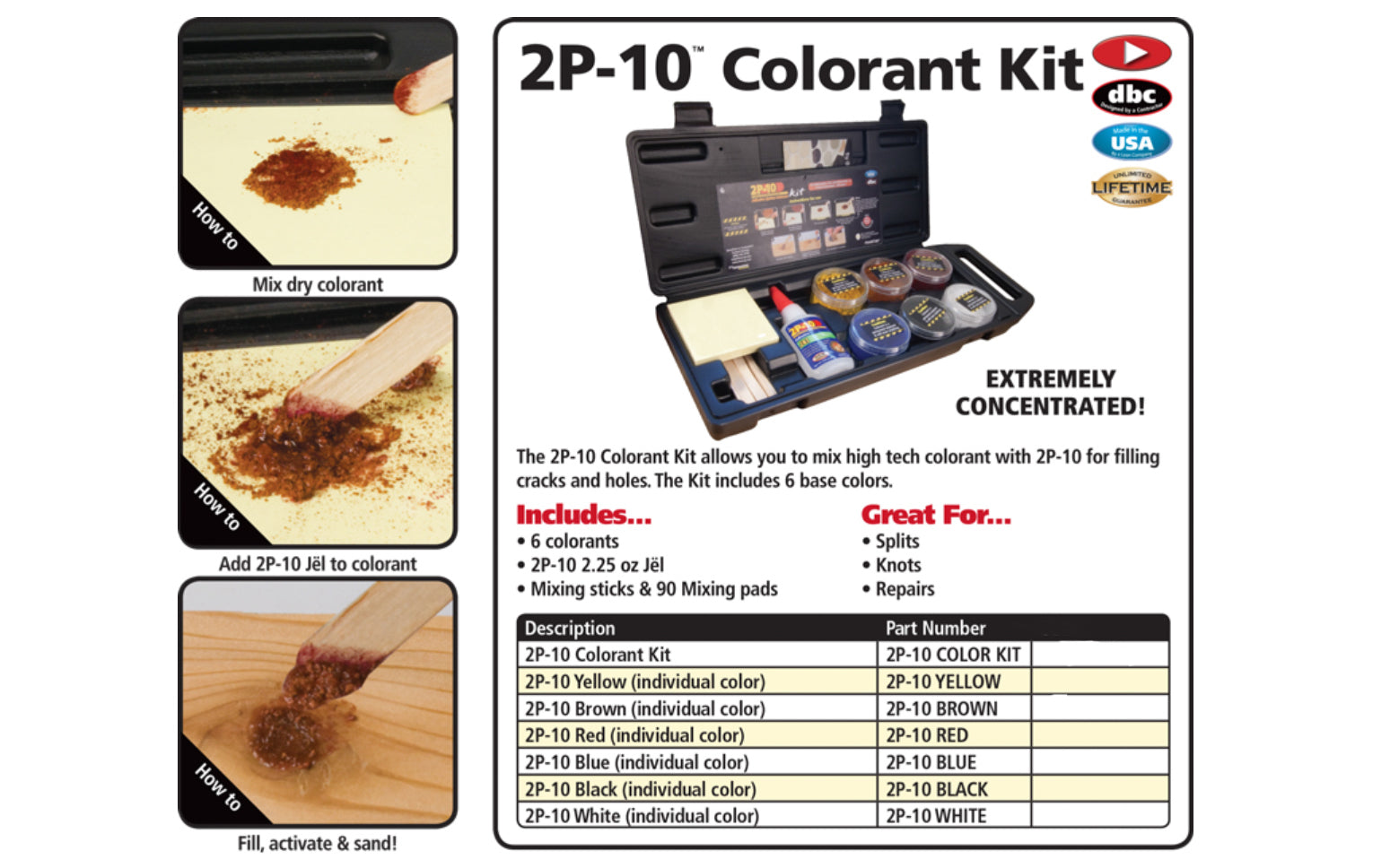 FastCap Adhesive System Color Kit ~ Professional Wood Formula - Cyanoacrylate Glue. Allows you to get the right tint for 2P-10 glue. This high tech colorant is specifically made to work with 2P-10 adhesive. Simply mix the dry colorant to get the shade you want on the mixing pad, then add a small amount of 2P-10 Jel.