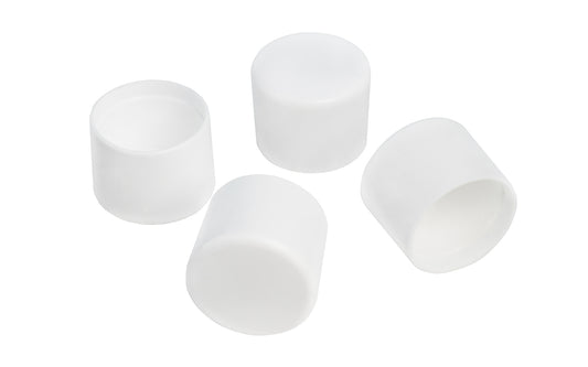 These white plastic leg tips fit round or wooden legs to protect floors. Use on stands, tables, chairs, etc. Tips work on angled or straight legs. Available in 1/2", 5/8", 3/4", 7/8", & 1" diameters. Made by Faultless Caster Corp.   Made in USA.