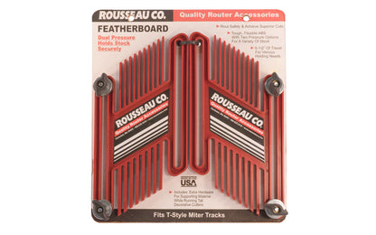 Rousseau Featherboard Rout safely & achieve superior cuts. Tough flexible ABS with pressure options for variety of stock. 6-1/2" of travel for various holding needs. Rousseau Co. Made in USA. 725825330100.  Made in USA.  Dual Pressure Featherboard