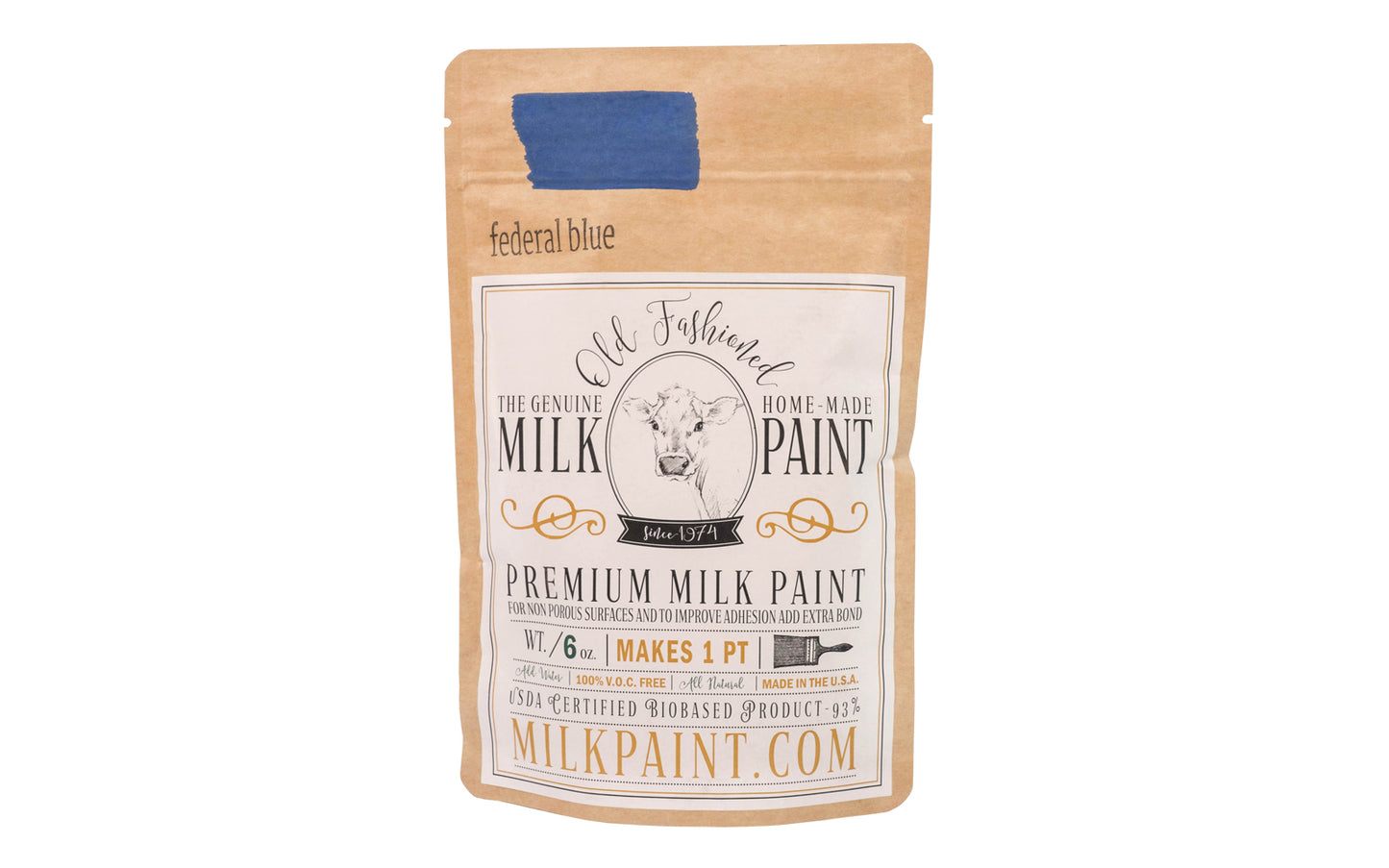 This Milk Paint color is "Federal blue" color - Bright cobalt blue. Comes in a powder form, you can control how thick/thin you mix the paint. Use it as you would regular paint, thinner for a wash/stain or thicker to create texture. Environmentally safe, non-toxic & is food safe. 100% VOC free. Powder Paint
