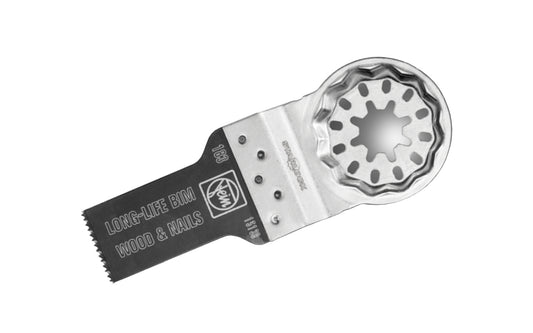 Fein Tools 13/16" Wood & Nails E-Cut "Long-Life" BIM Saw Blade - 183 Blade. Bimetal with teeth set for all woods, drywall & plastic materials. Extremely robust, unaffected by nails in wood (up to approx. 3/16" (4 mm) dia.), masonry, etc. Short, narrow shape for small cutouts. Starlock mounting system