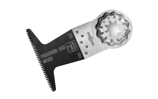 Made in Germany - Fein Tools 2-1/2" wide Wood Precision E-Cut HCS Blade. 2" Blade Depth. Double-row Japanese teeth for all wood materials, drywall & soft plastics. Fastest work performance & maximum precision. Extra-wide shape for maximum cutting performance & long straight cuts. Starlock Mounting