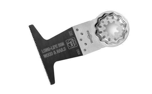 Fein 2-1/2" Wood & Nails E-Cut "Long-Life" BIM Blade - 228 Blade. Bimetal with teeth set for all woods, drywall & plastic materials. Outstanding service life, very clean cut. Unaffected by nails in wood (up to approx. 3/16" (4 mm) dia.), masonry, etc. Starlock mounting system.    Made in Germany.