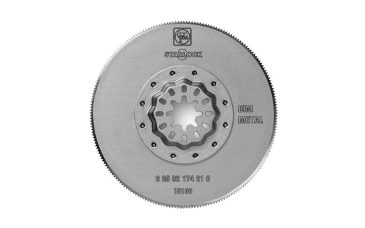 Fein Tools 3-3/8" Circular Metal BIM HSS Blade - 174 Blade. Bimetal for long service life. Metal toothing for sheet metal up to approx. 1/16"  (1 mm). Also for plastics, GFRP, wood, glazing compound, brass & bronze. Work flush with the surface. BiMetal circular shape. Round blade. Starlock mounting system.