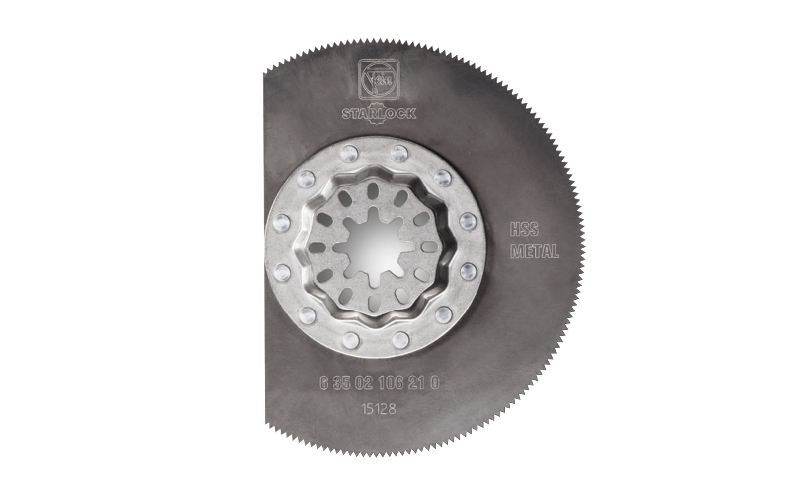 Fein Tools 3-3/8" Segment Metal HSS Blade - 160 Blade. Solid HSS saw blade with metal toothing for sheet metal up to approx. 1/16"  (1 mm). Also for plastics, GFRP, wood, glazing compound, brass & bronze. Clean, narrow cutting line. Segmented, ideal for working in corners & on edges without over cut. Made in Germany