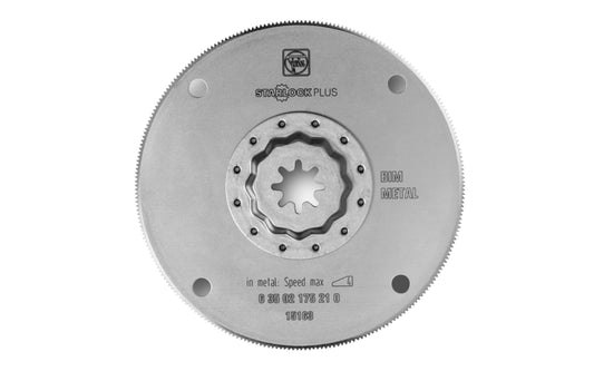 Fein Tools 4" (100 mm) Circular Metal BIM HSS Blade - 175 Blade. Bimetal for long service life. Metal toothing for sheet metal up to approx. 1/16"  (1 mm). Also for plastics, GFRP, wood, glazing compound, brass & bronze. Work flush with the surface. BiMetal circular shape. Round blade. Starlock Plus mounting system.