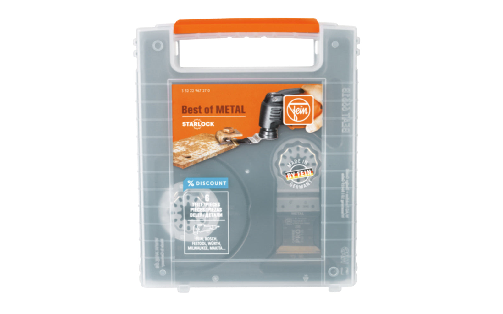 Fein Tools "Best of Metal" 6-piece saw blades designed for processing hardened & non-hardened metals. Includes plastic storage box. (1) E-Cut CarbidePRO saw blade, E-Cut Long Life saw blade each, E-Cut universal saw blade, E-Cut fine saw blade, HSS segment saw blade. Made in Germany. 35222967270. 4014586444215