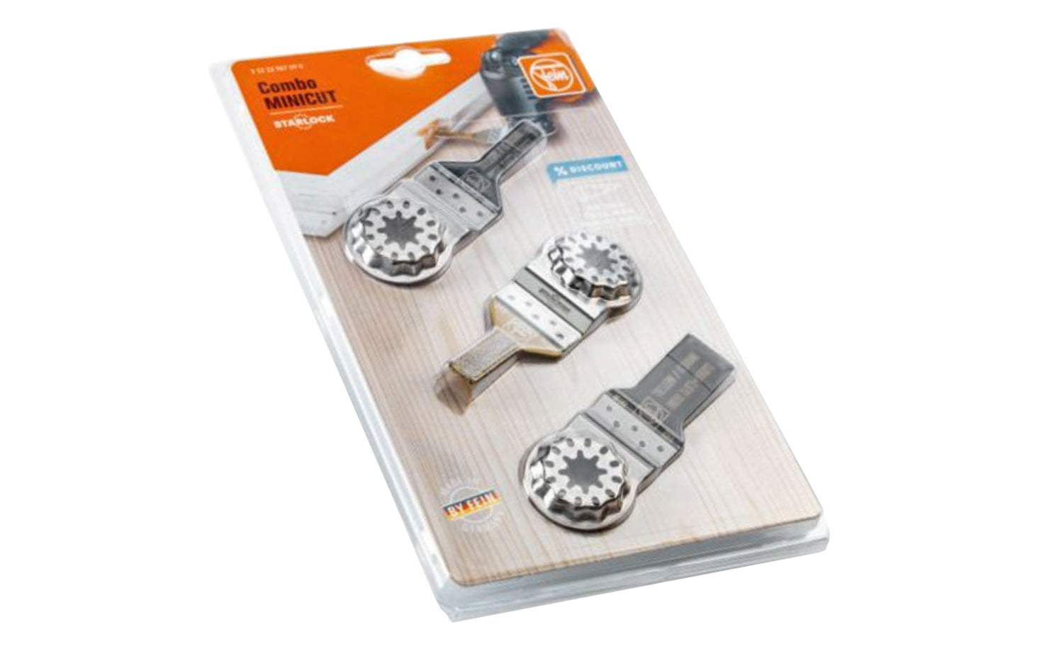 Fein Tools "Combo MiniCut" Set ideal for small cut-outs & work in narrow spaces, including various installation work, switch installation, model-building, & more. 13/16" & 3/8" E-Cut Long Life Wood / Metal Saw Blades, 3/8" Carbide Rasp blade.   Made in Germany. "Starlock" Mounting system. 35222967090. 4014586440446