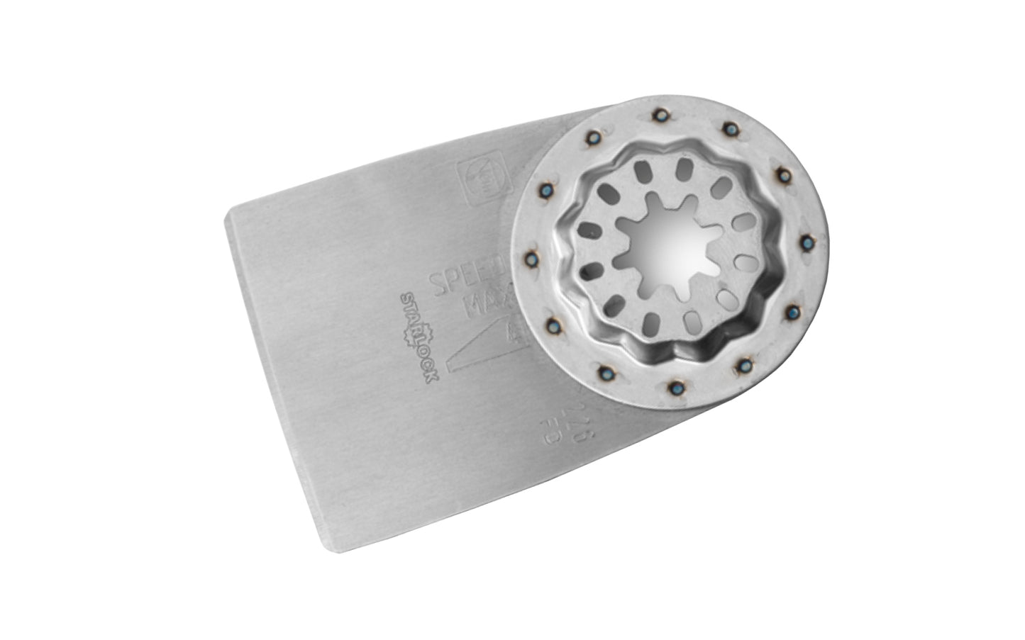 Fein Tools Special Material Rigid Scraper Blade - 226 Blade. Short blade version. Designed for removal of stubborn paint, adhesive residue, carpet, tile adhesive, & underseal. Starlock mounting system.   Made in Germany. Model No. 63903226210. Scraper Oscillating Blade 2-1/16" Wide Blade