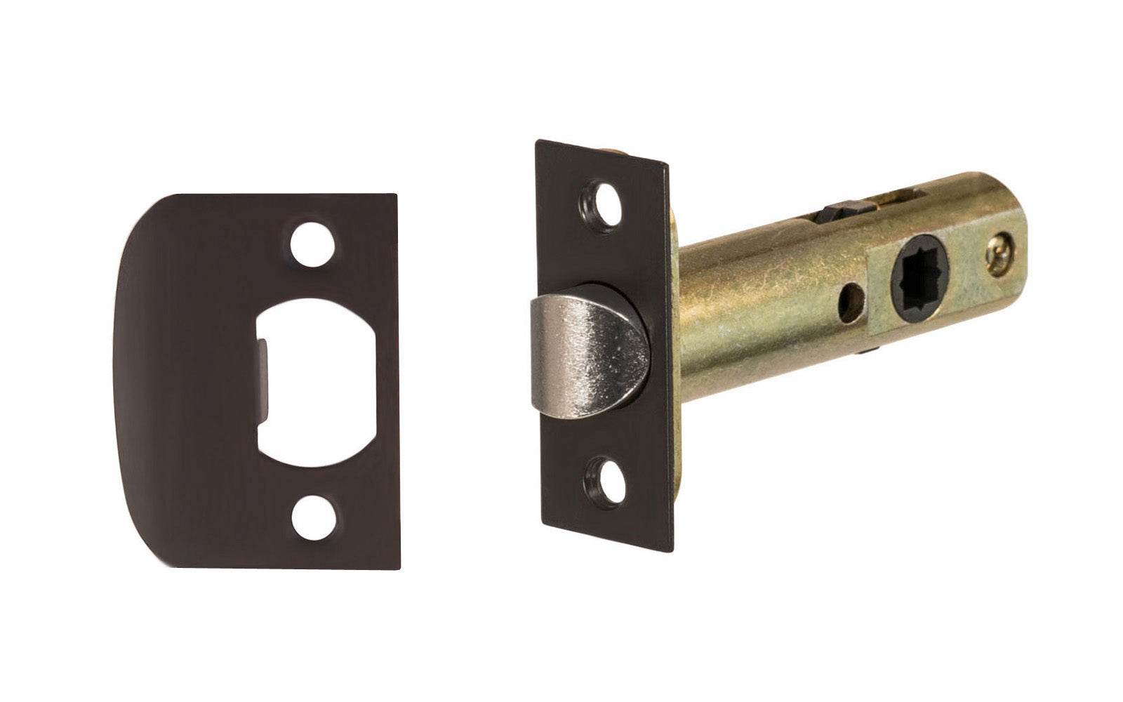 Vintage-style Hardware · Traditional & Classic Tubular Spring Latch for doors with a non-locking (Passage) function ~ 2-3/8" Backset. Steel casing & solid brass plates. For vintage antique door knobs, or reproduction door knobs. Oil Rubbed Bronze Finish