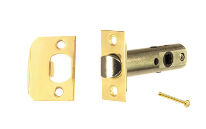 Vintage-style Hardware · Traditional & Classic Tubular Spring Latch for Doors with Locking Pin for (Privacy) Function ~ 2-3/8" Backset. Steel casing & solid brass plates. For vintage antique door knobs, or reproduction door knobs. Lacquered Brass Finish