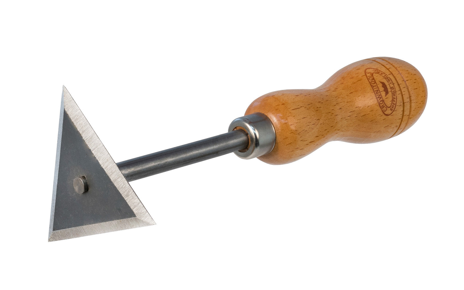 Crown Tools 7-1/2" Triangle Shave Hook. Model No. 330. The blade is made of carbon steel & is hardened & tempered. It is a great wood scraper for general woodworking & scraping purposes. Lacquered Beech handle. Made in Sheffield, England.