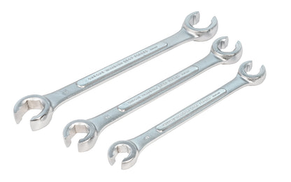 Made in Japan. 3-piece METRIC flare nut wrench set offers a size range from 11mm to 17mm. Designed to grip all six sides of a nut. Great for use on hex nuts made of softer materials. Great for brake line nuts & fittings. Wrench sizes include: 10mm x 11mm, 12mm x 13mm, 15mm x 17mm. Metric Flare Nut Wrench Set