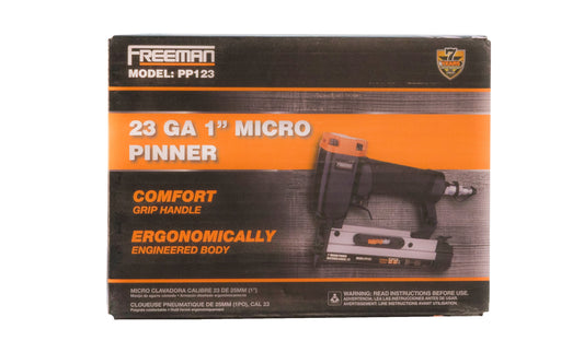 Freeman 23 GA. 1" Micro Pinner - PP123. Includes:  Pinner, air connector, belt hook, lubricating oil, adjustment tools. Freeman pin nail gun. 855629002115. 23 fastener gauge