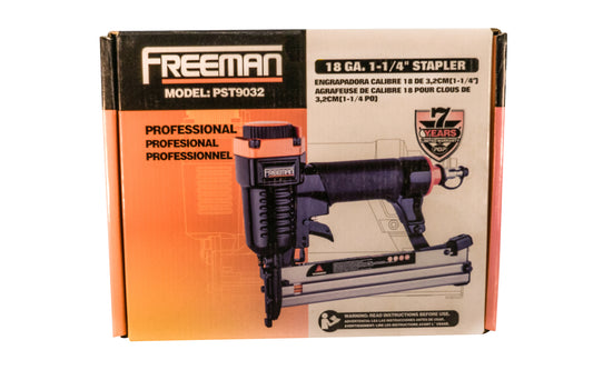 Freeman 18 GA. 1-1/4" Stapler - PST9032. Includes: Pinner, air connector, belt hook, lubricating oil, adjustment tools. 18 gauge. Freeman Air staple gun. 855629002108