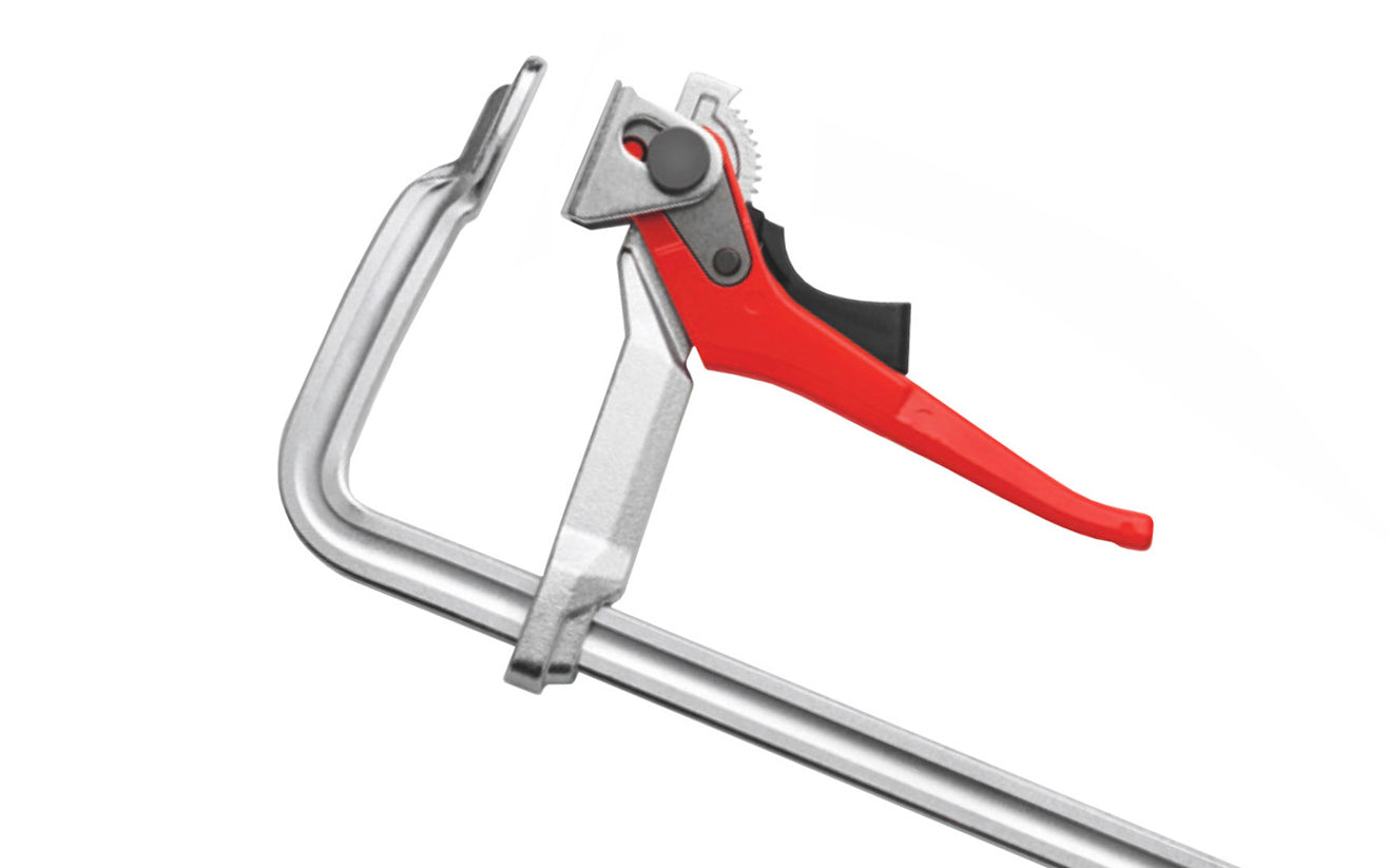 This Bessey All-Steel Lever Bar Clamp is quick lever clamp. It is secure & unaffected by vibrations with strong, high clamping force. Non-slip trigger release. Classic profiled rail. Clamping Capacity: 31" & 4-3/4" Throat Depth. Model GH80. 788502201308