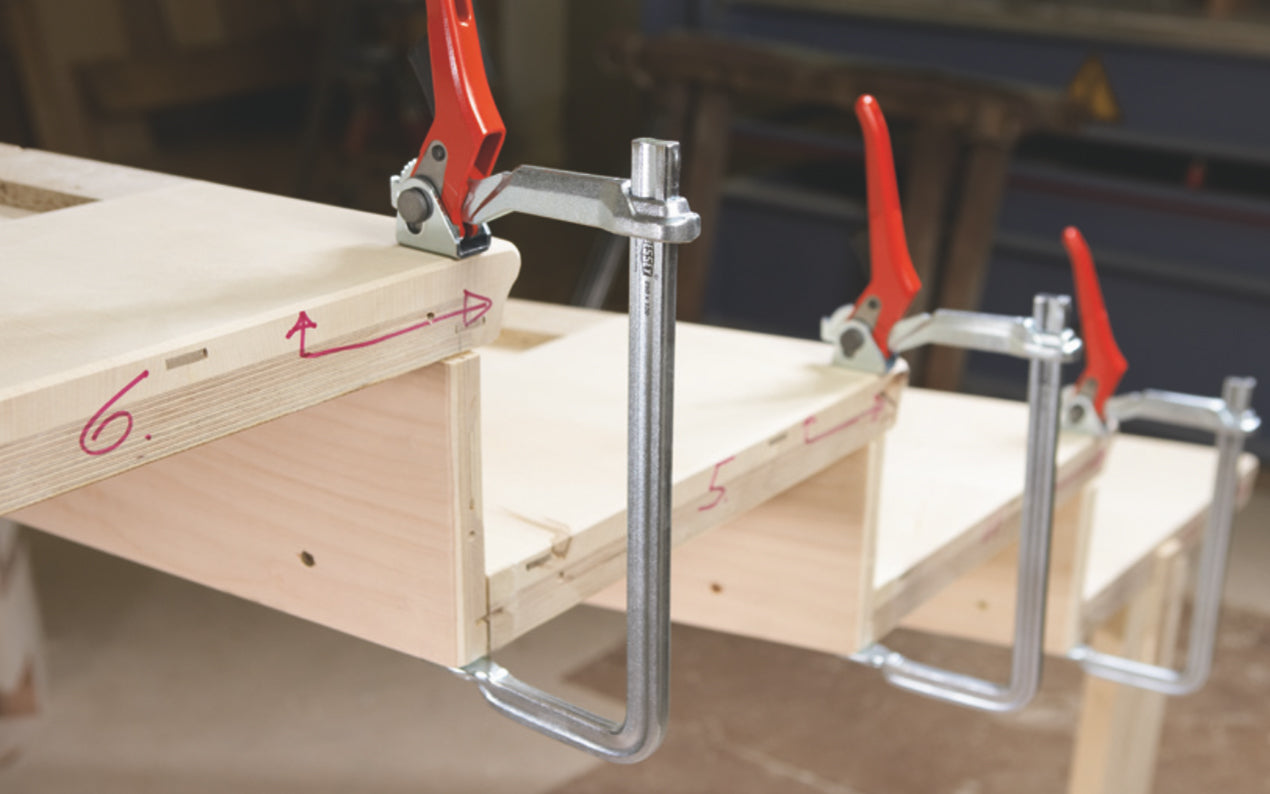 These Bessey All-Steel Lever Bar Clamps "classiX" GSH Series are quick lever clamps. They are secure & unaffected by vibrations with strong, high clamping force. Secure ratchet mechanism. Non-slip trigger release. Classic profiled rail. Large tilting pressure plate. Available in 4", 8", 12" & 20" clamping capacities.